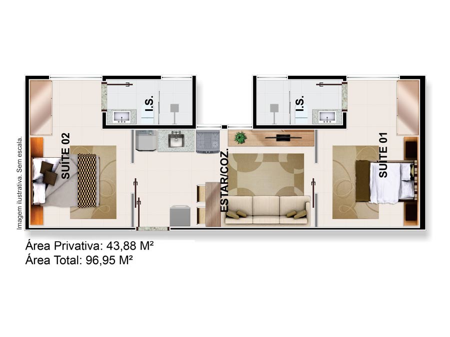 Residencial Melbourne III - Planta 2 Dormitórios
