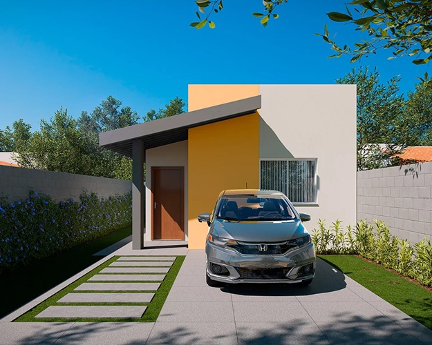 Casa de 2 dormitórios das Casas Terraliz Mandaguaçu, da WEGG, vista da rua / Quintal de casa em terreno de 160 m² nas Casas Terraliz, em Mandaguaçu / Planta de 48,44 m² com 2 dormitórios das Casas Terraliz Mandaguaçu